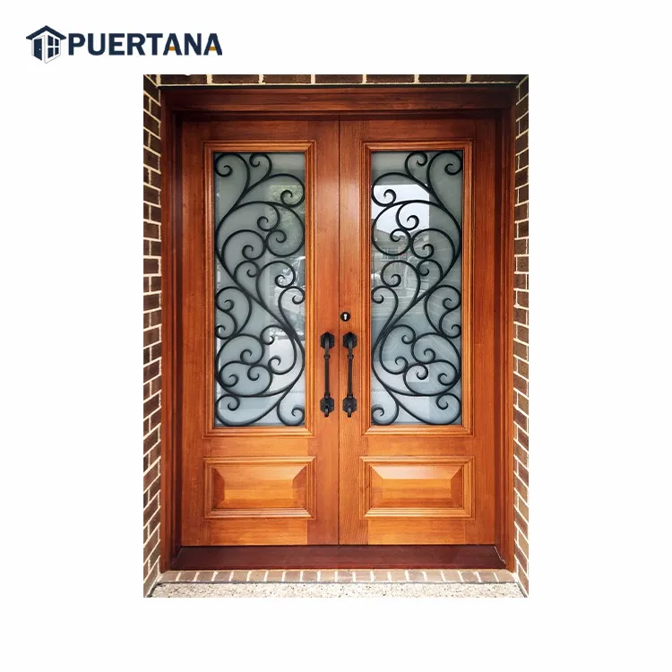 Custom Solid Wood Timber Wrought Iron Door Entry Wooden Door Decorative Cast Iron Grill Design Exterior Front Door