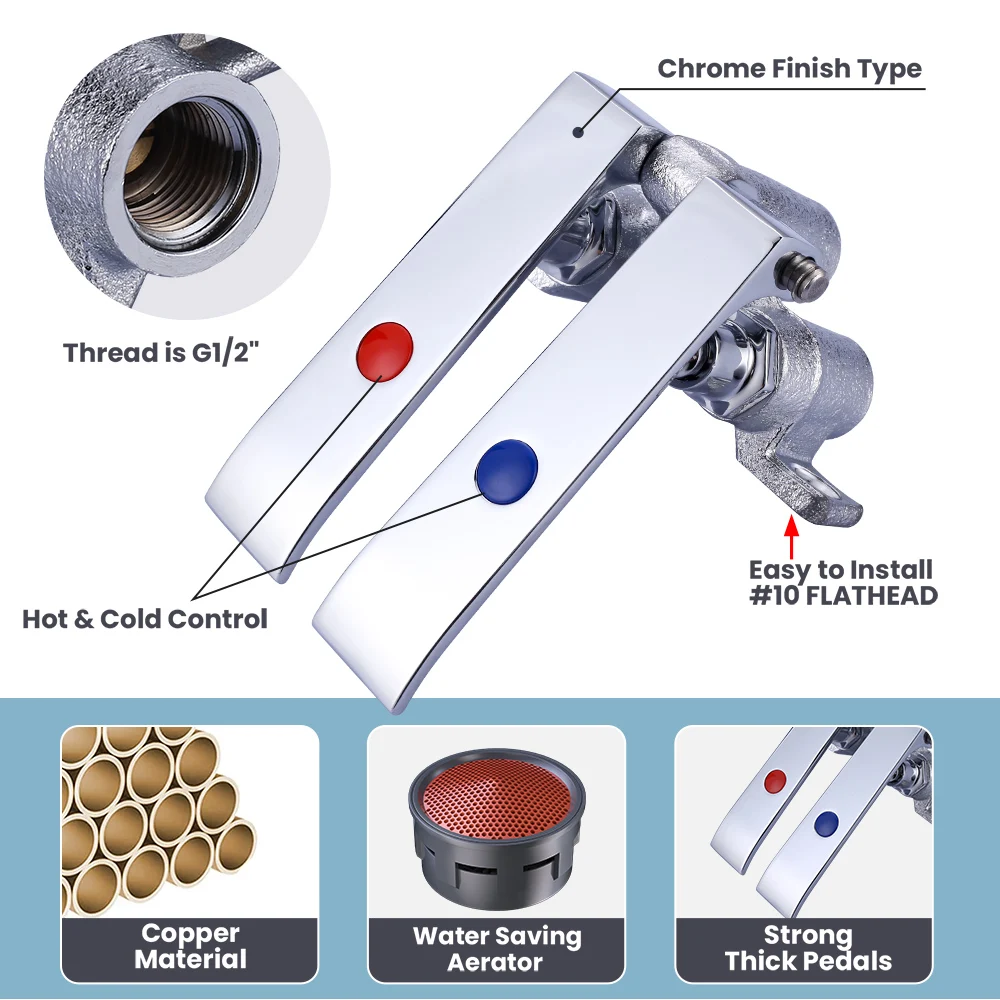 Hand Free Sink Faucet Double Channels Cast Knee Pedal Valve Dual Foot Pedal Sink Faucet