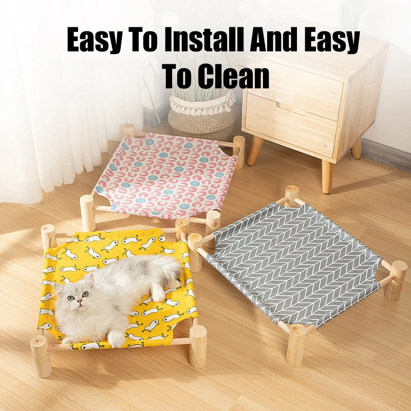 Portable Indoor/Outdoor Cat Beds Elevated Breathable Dog Bed Wooden Pet Hammock Bed