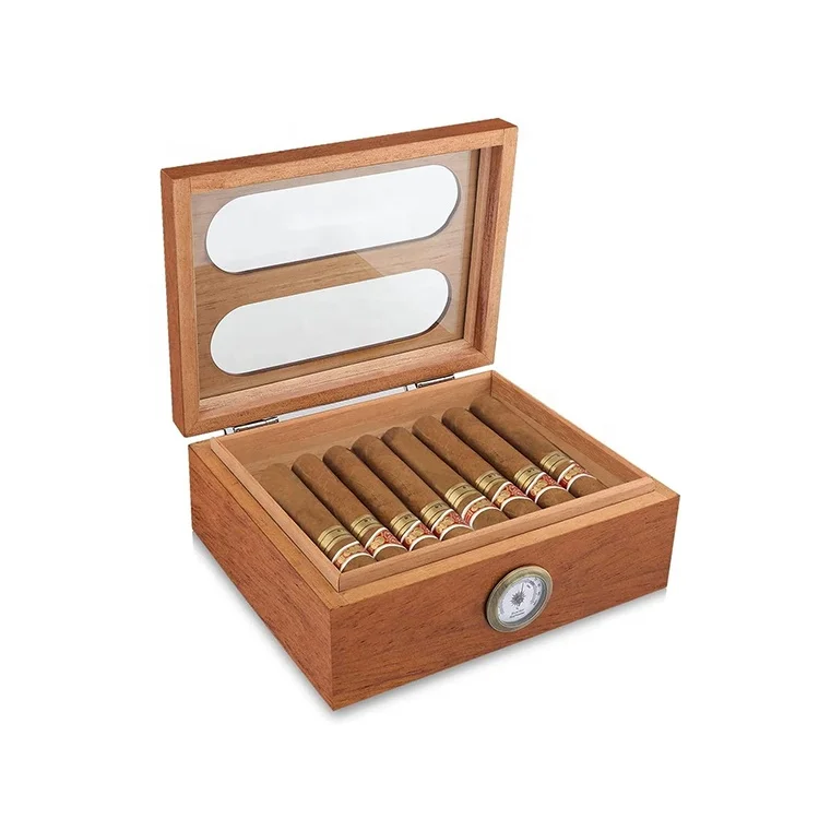 Hot-selling tempered glass top spanish cedar wood desktop cigar humidor box with front hygrometer and humidifier