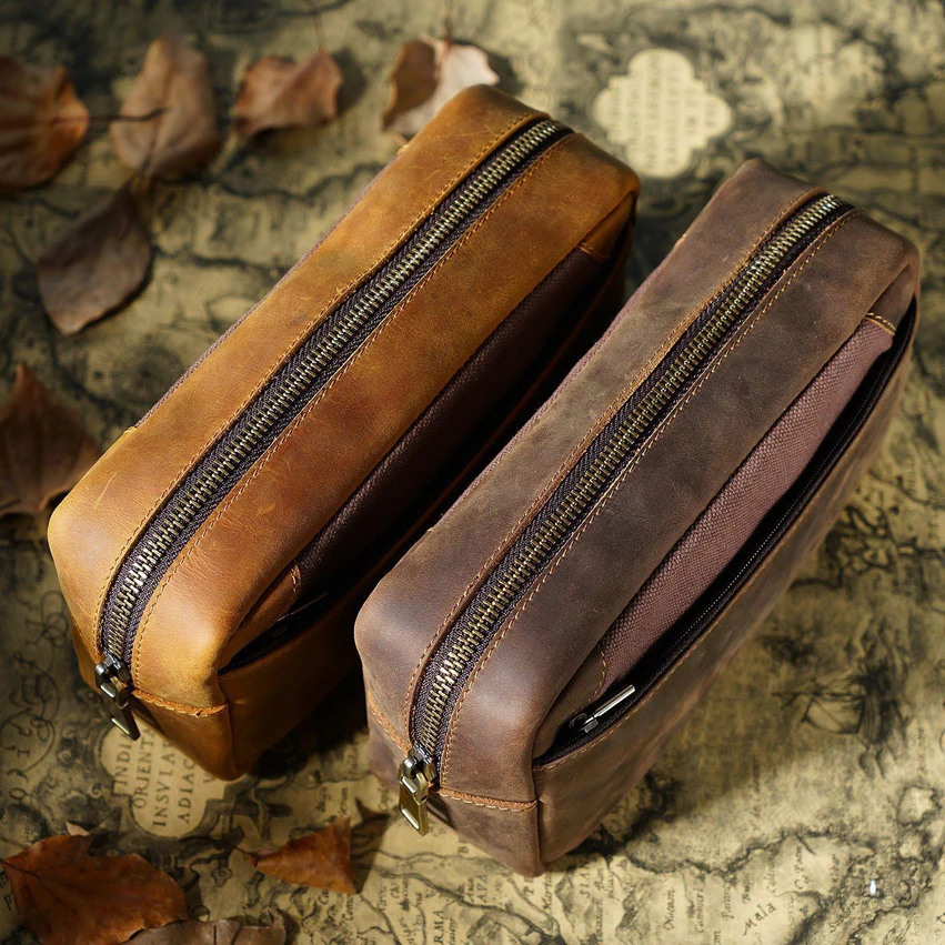 ya354 Crazy Horse Leather Toiletry Bag Women Dopp Kit Bag for Men Shaving Bag