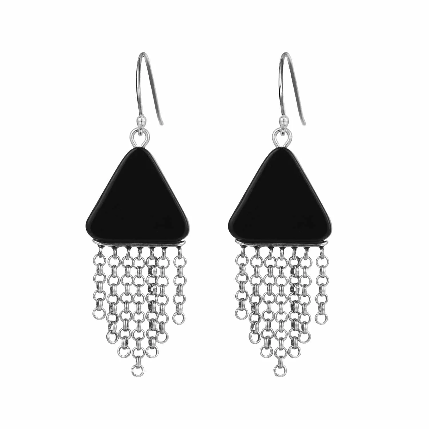 Elegant Treated Natural Black Agate Triangle Tassels 925 Sterling Silver Dangling Earrings