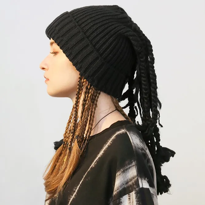 wholesale Street men and women  braid knitting capplait hair cap Yamamoto dark cold winter knitted beanies hat with hair