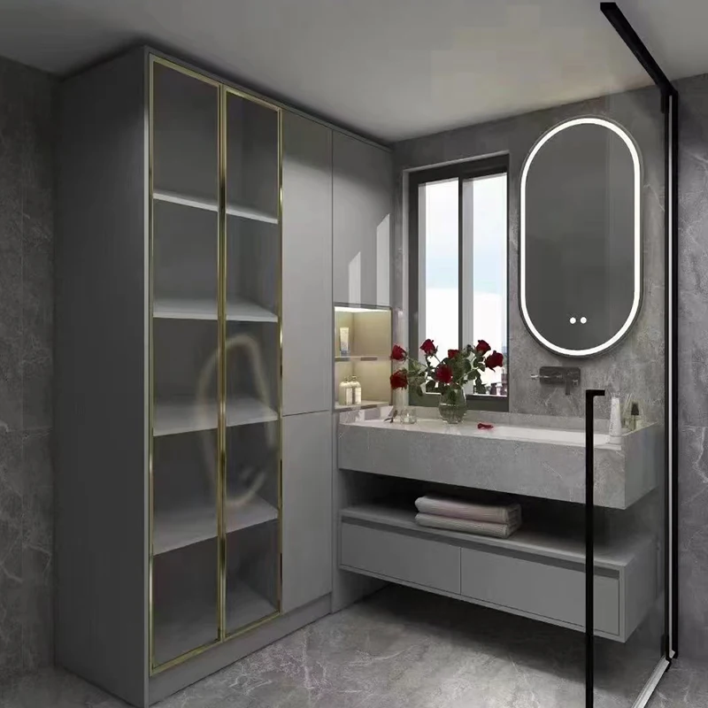 Hot Sale Single Sink Marble Bathroom Cabinet Modern Floating Washroom Solid Wood Vanity With Mirror