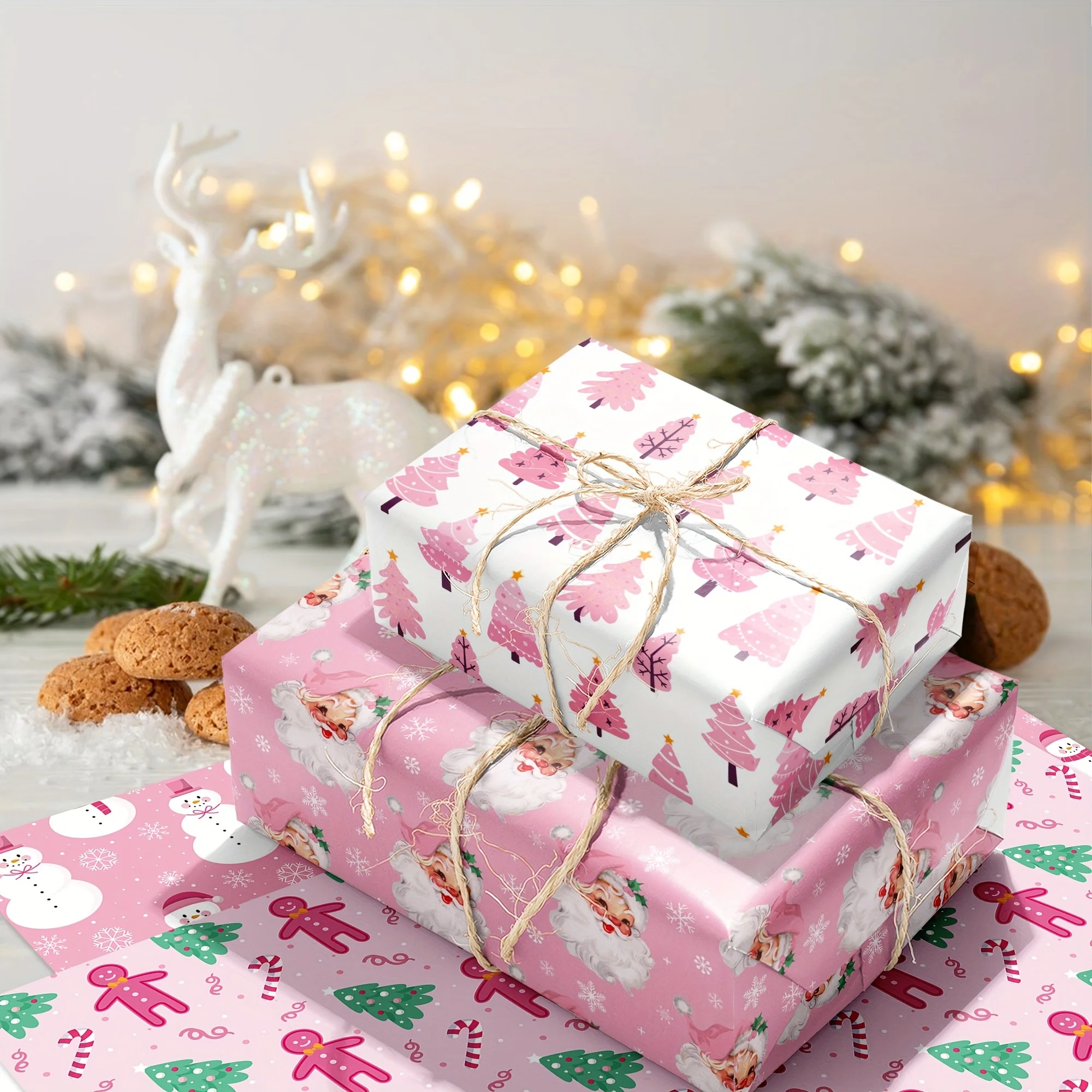 Reindeer Snowflake Designs Holiday Presents Pink Christmas Wrapping Paper for Festive Gift Wrapping