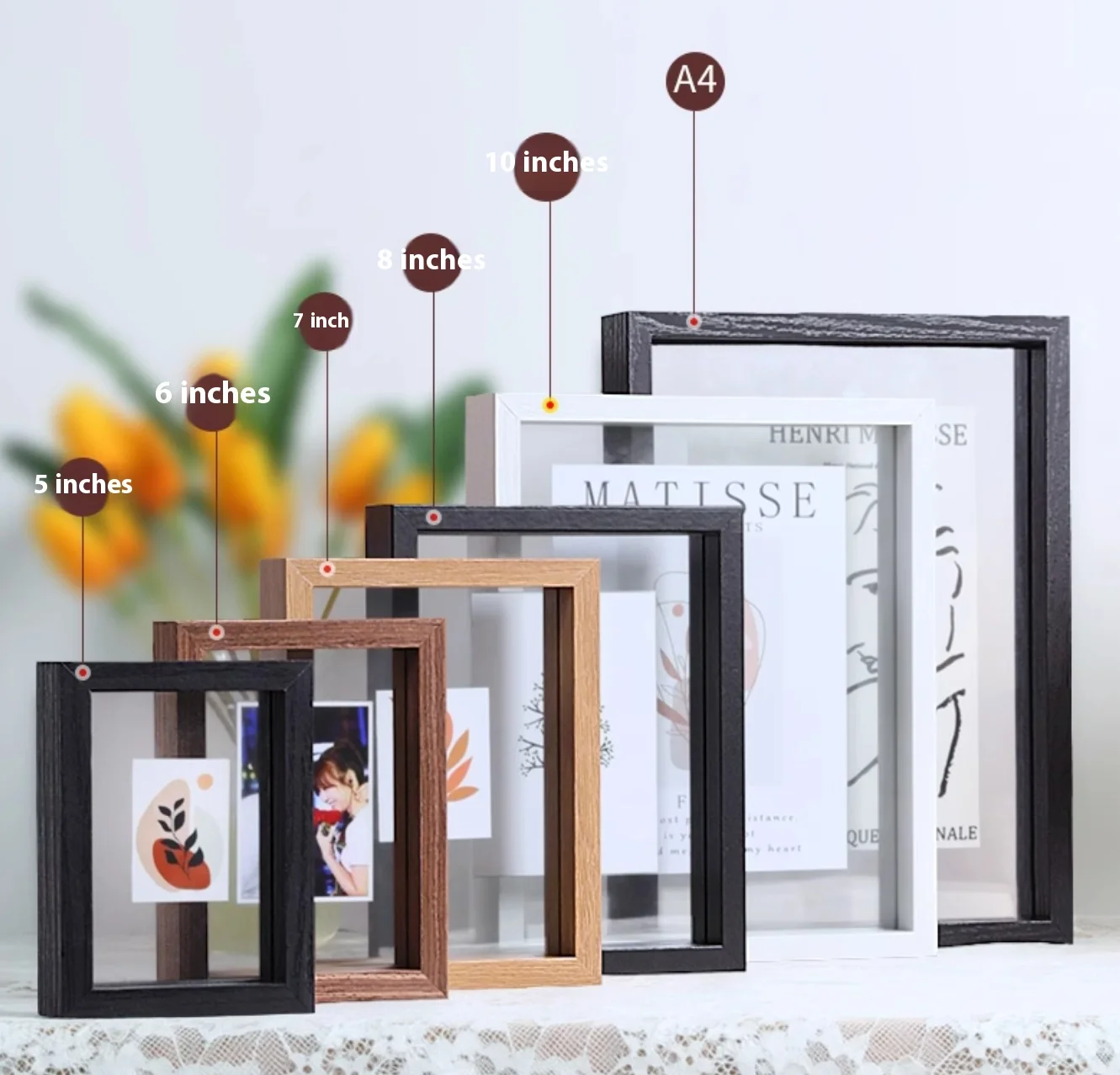 Wholesale 6x8 8x10 Transparent Double Sided art Picture Wooden Display modern artwork Flower Sublimation Glass Photo Frame
