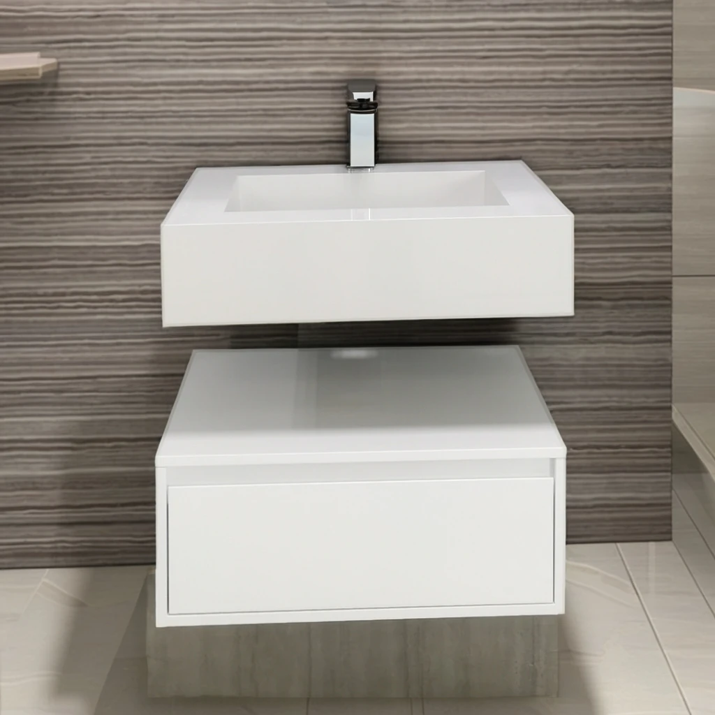 Customized wooden hotel engineering series bathroom cabinet white with mirror, seamless basin on rock countertop