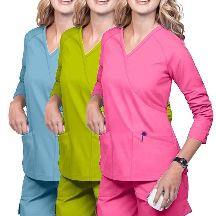 medical high quality v neck scrubs suit stretchablenurse scrubs long sleeve nurse scrub suit design