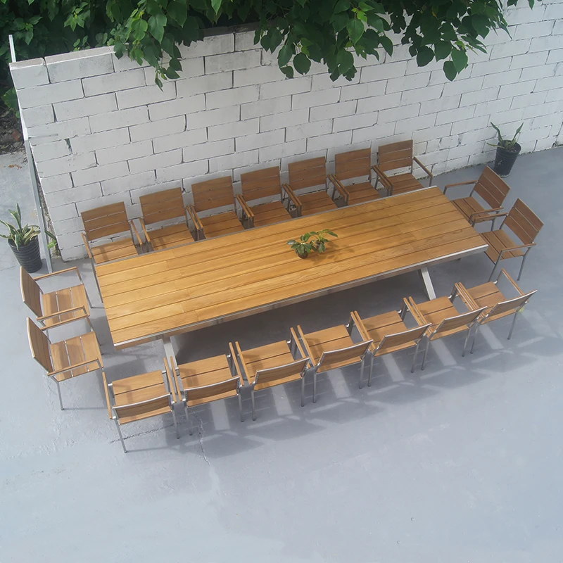 Modern luxury large size outdoor stainless steel teak table garden furniture set