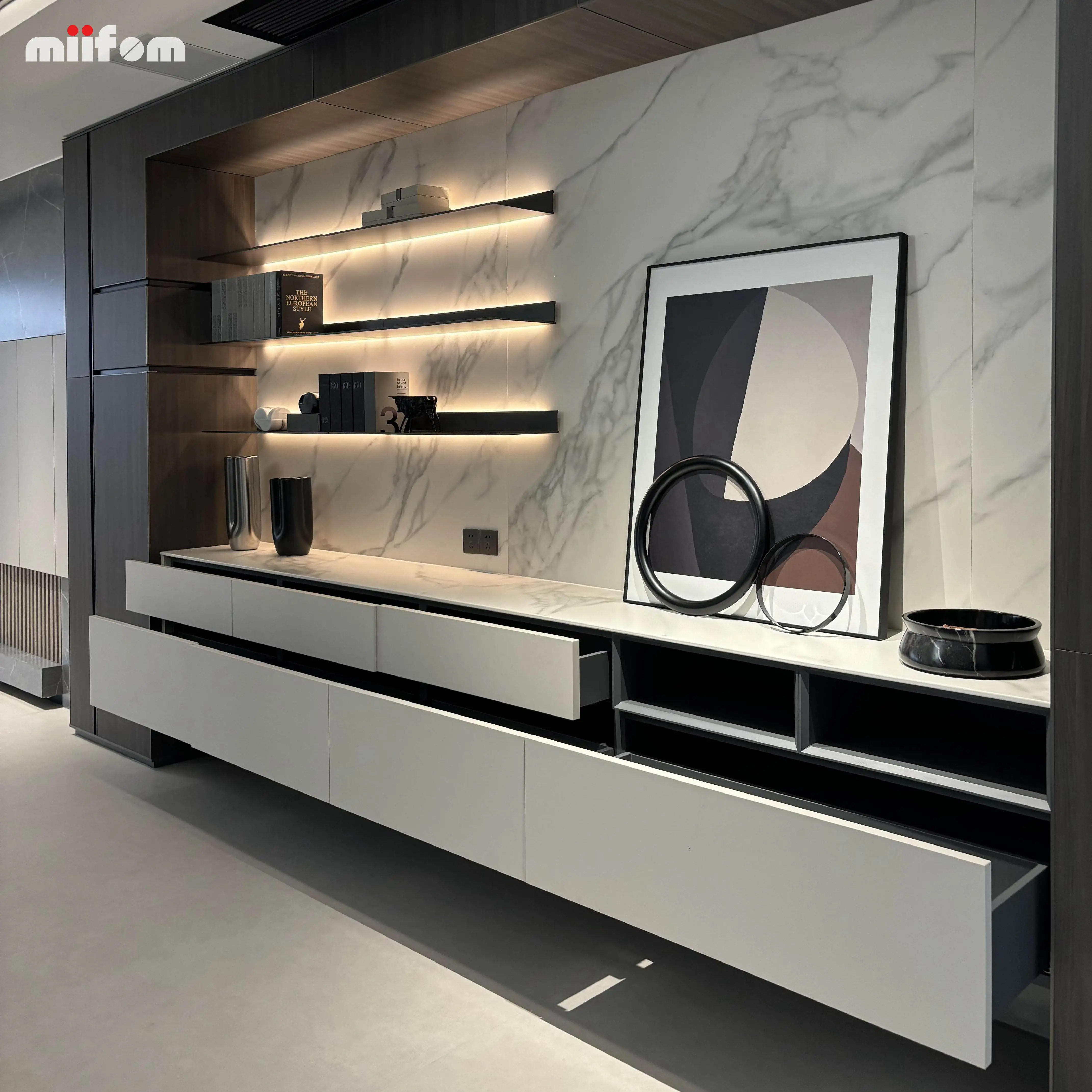 wave white slate door panel full wall TV cabinet with glass displayed cabinet and open area