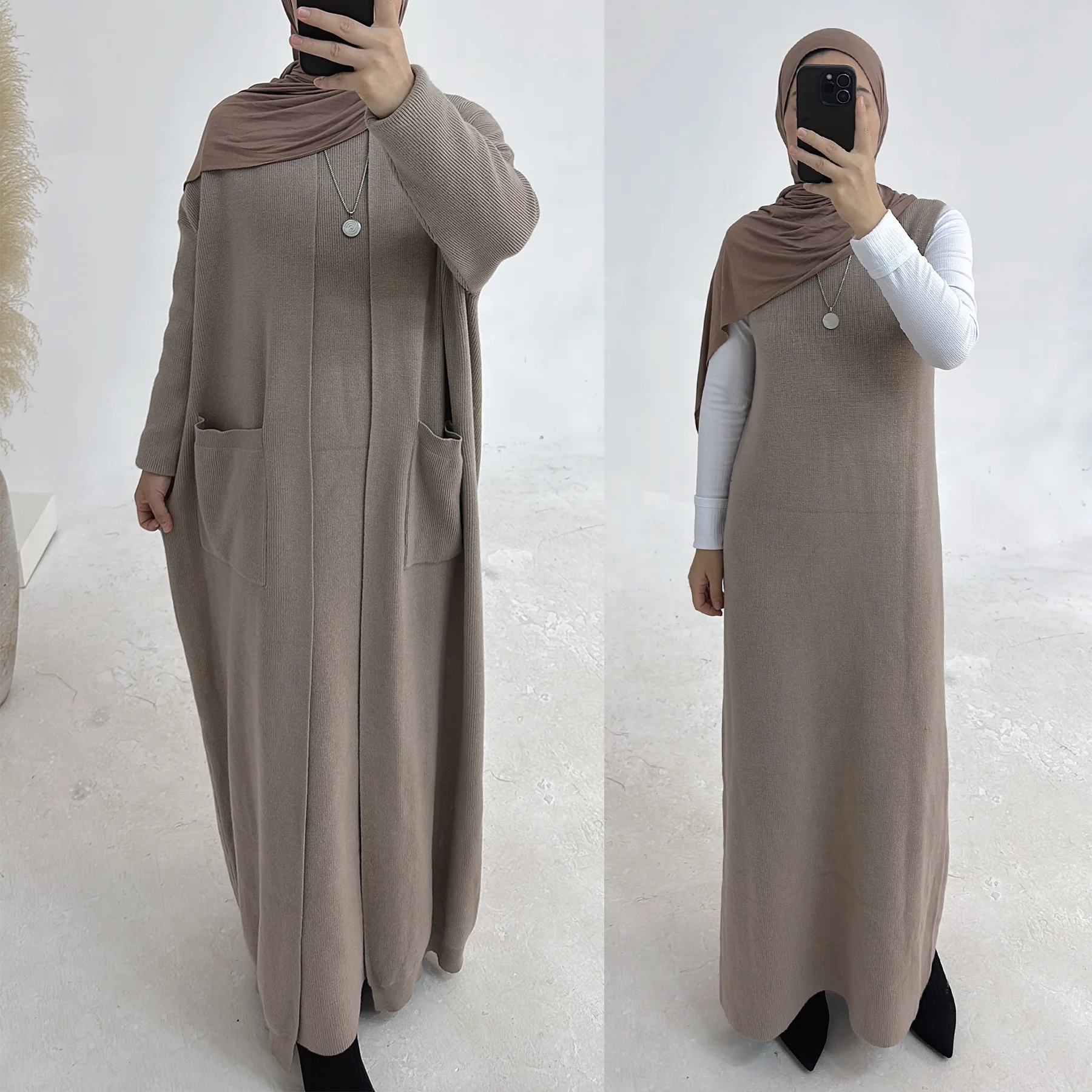Sharut Dubai Modest Islamic Luxury Winter Turkish Modest Abaya Muslim Women Knitted Wool Sweater Coat with Inner Dress Abaya Set