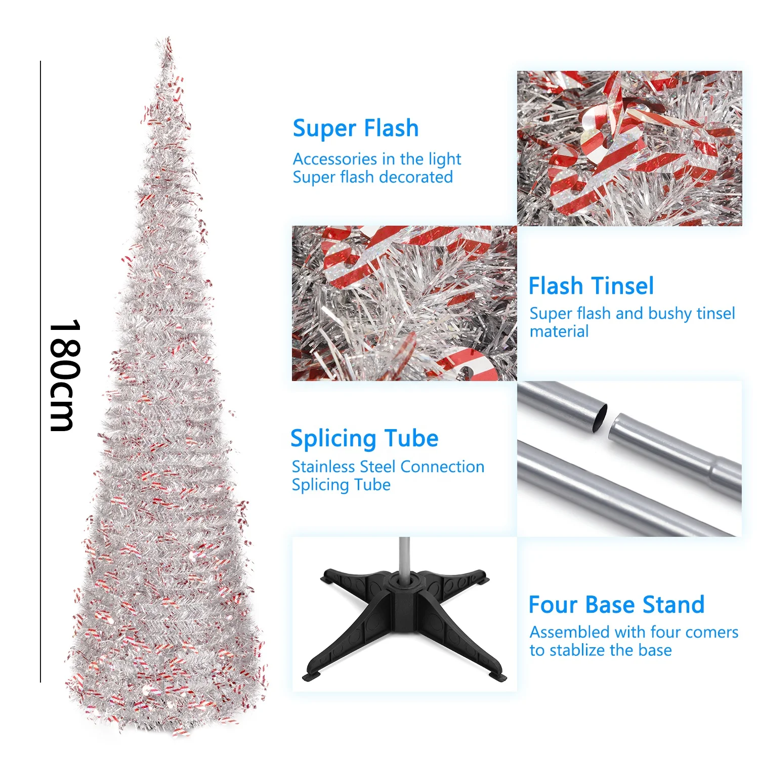 1.8M 6FT White Color Snowflakes Christmas Tree Assembly POP-UP Collapsible Artificial Tinsel for Home Store Xmas Tree Decoration