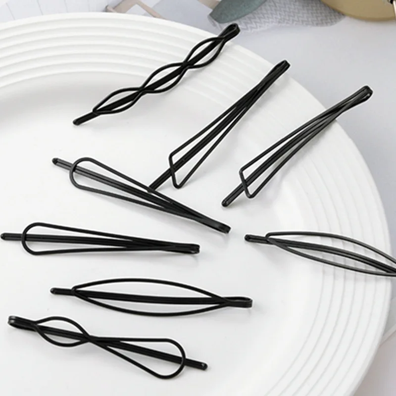 6 Styles Simple Solid Color Non-slip Black Geometric Line Metal One-line Hairpin for Women Girls Hair Accessories