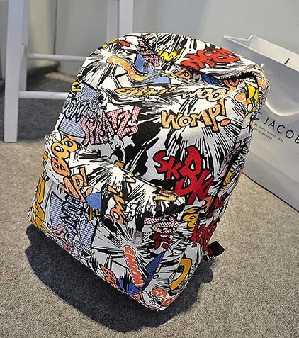 Caricature Graffiti Printed Canvas Schoolbags For Students  Color Stitching Backpack