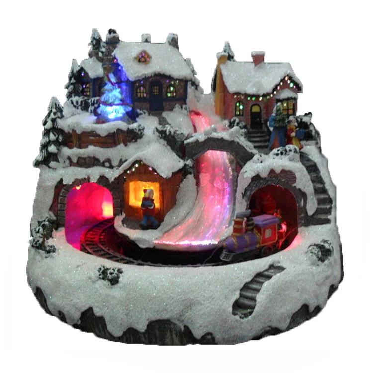 Xmas Village With Rolling Train & Fiber River