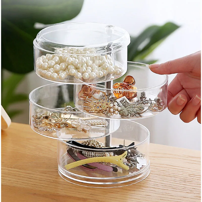 4 Layers Rotating Clear Plastic Storage Box for Jewelry Organizer Earrings Holder Rings Necklace Bracelet Display Case