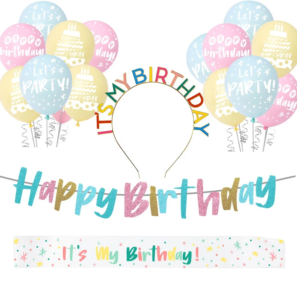 Wholesale Colorful Birthday Balloons Sash Tiara Glitter Banner Happy Decoration