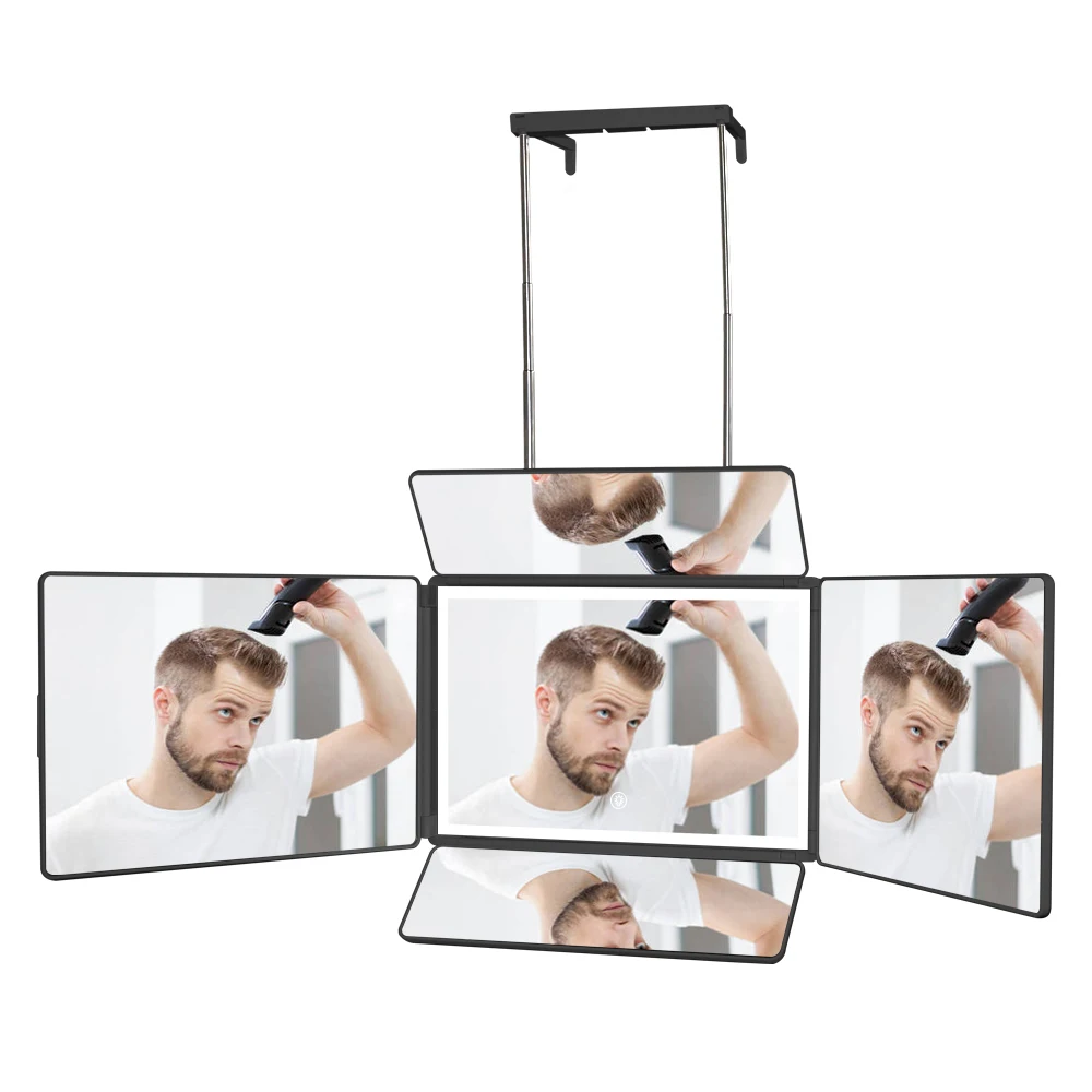 5 Way Mirror for Hair Cutting With LED Light Portable 360 Trifold Barber Self Cut Mirror with Height Adjustable Hooks