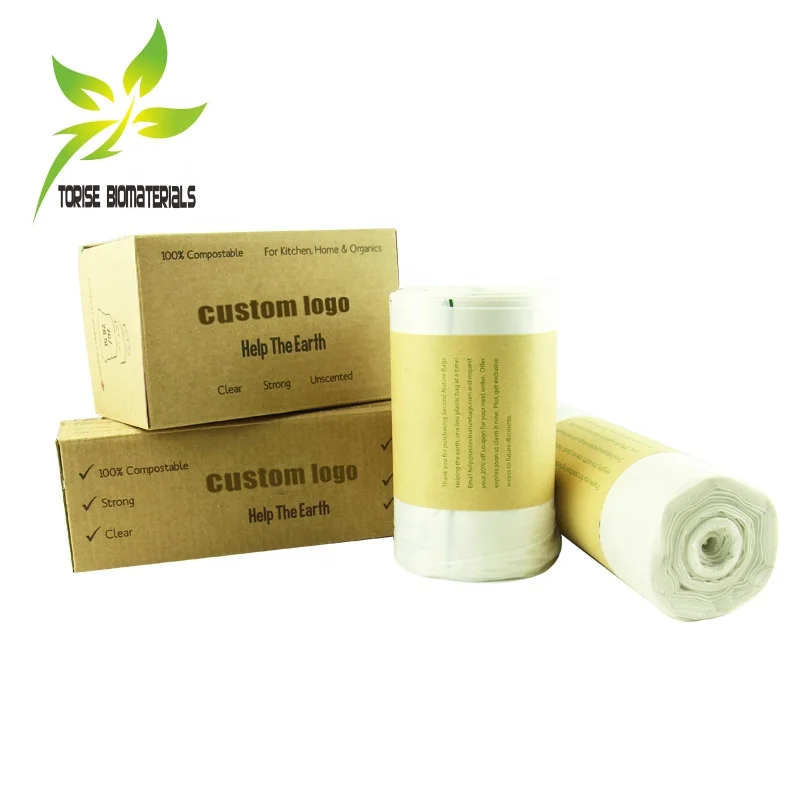 biodegradable trash bags with handle compostable cornstarch green die cut garbage bags box packed