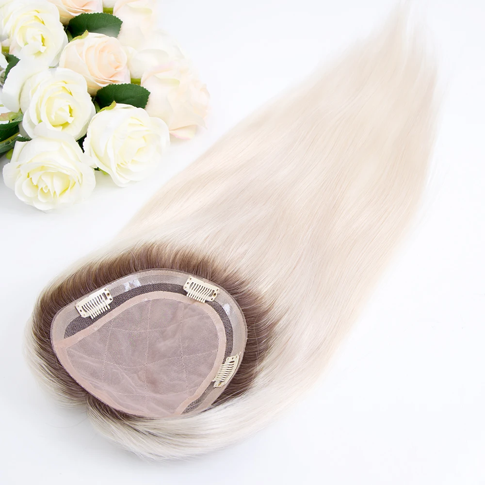 Ombre white blonde color thin silk base topper with lace and pu virgin raw hair