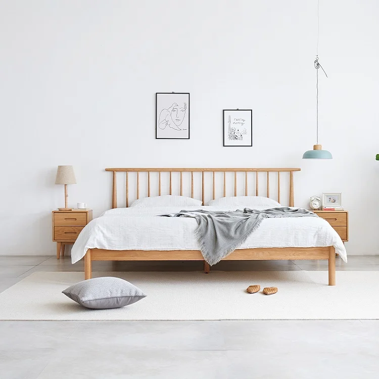 A1013 Simple modern style solid OAK wood Vertical bar bed set queen king size bed designer furniture