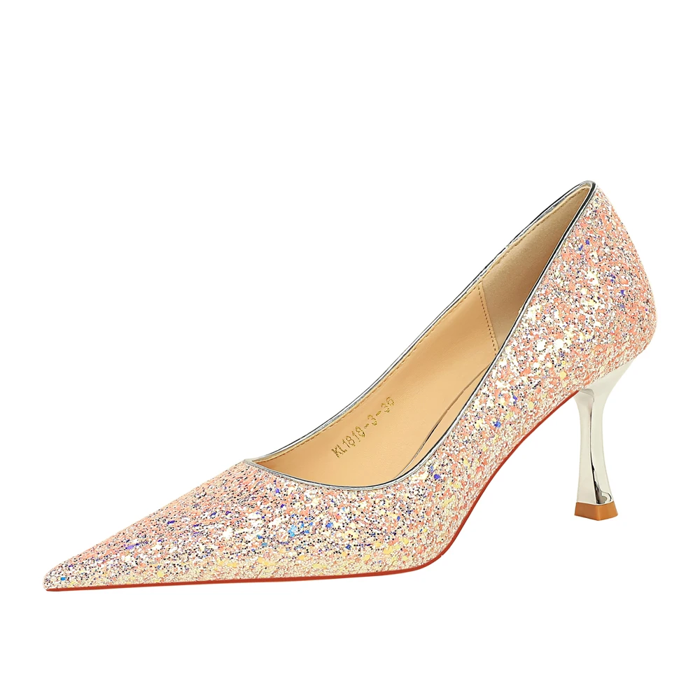 1818-3  BIGTREE Korean Fashion Banquet High Heel Shoes Metal Heel High Heel Shallow Mouth Pointed Shining Sequin Fabric Single S