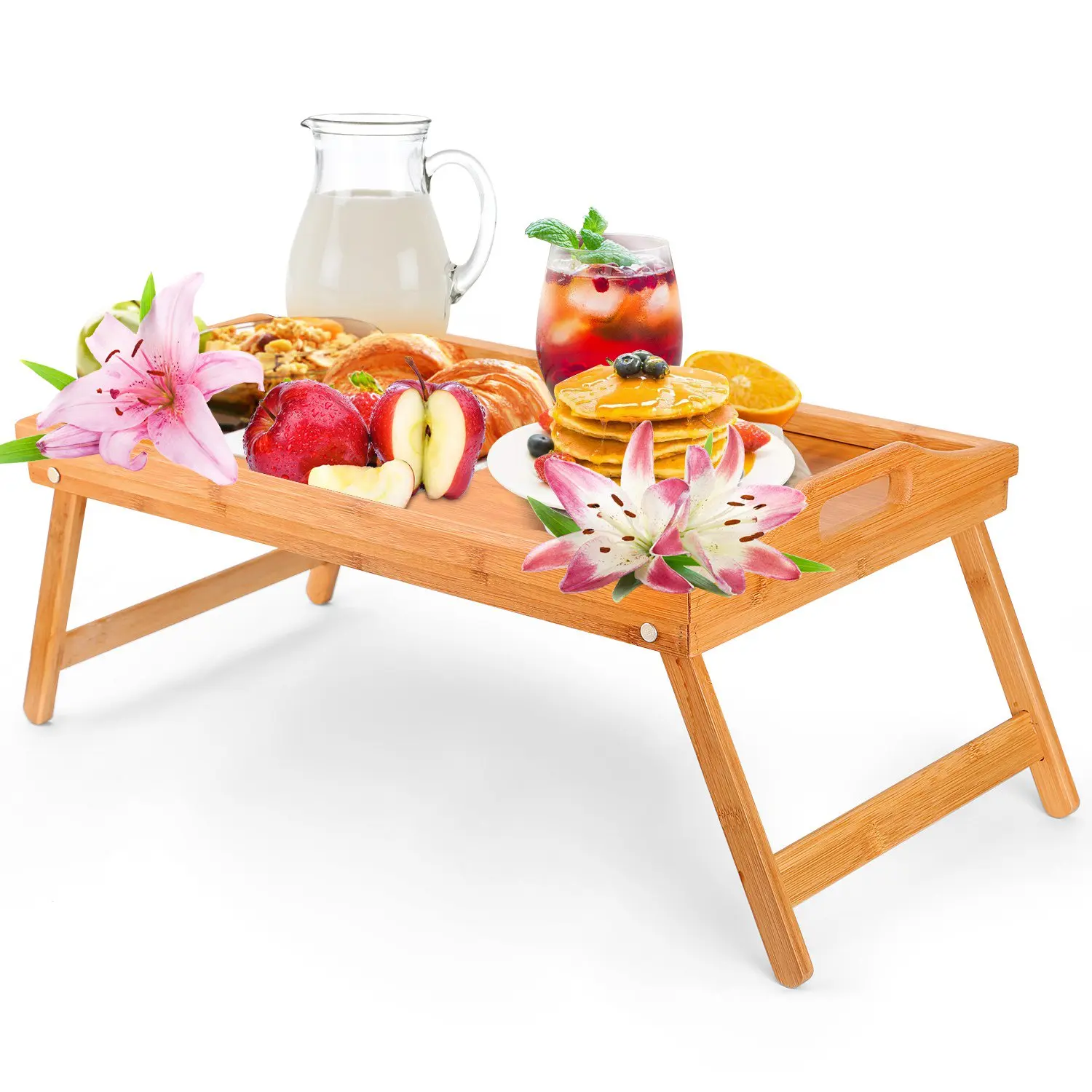 Foldable Bamboo Breakfast Serving Tray Eating Snack Sofa Desk Bed Laptop Table with Handles For Picnic Bedroom