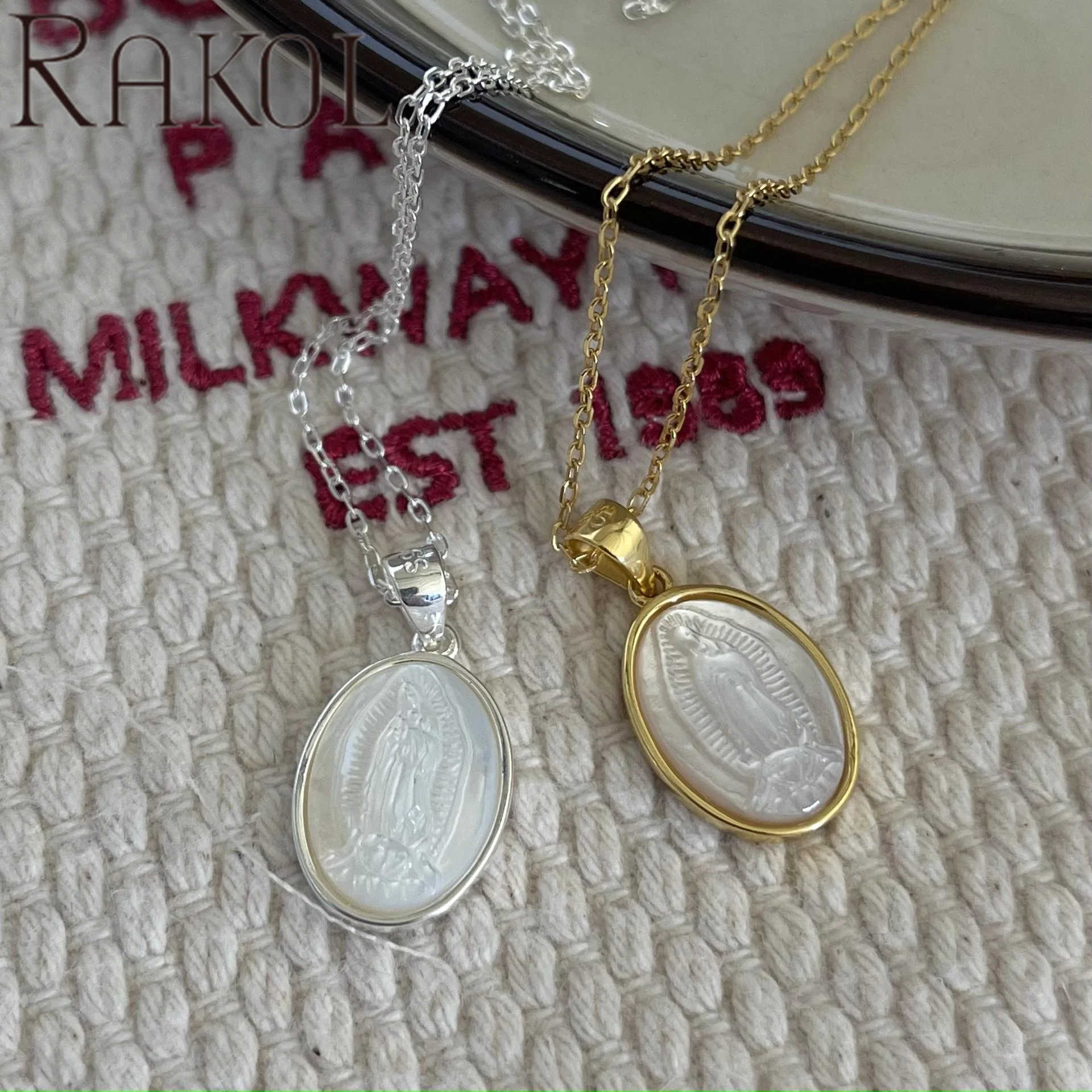 RAKOL ZPN10175 Nordic Style Jewelry S925 Sterling Silver Oval Shaped Virgin Mary Shell Pendant Necklace