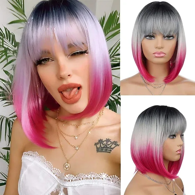 Wholesale Wigs Women Bangs BOB Black Gray Purple Colors Gradient Synthetic  High Temperature Wire Wig Headgear Wigs