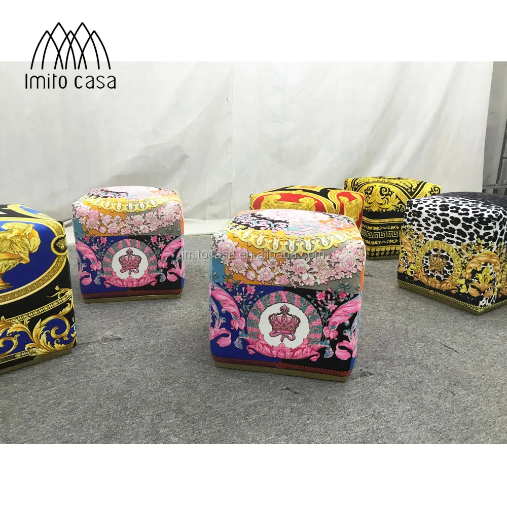 Italian Fancy Comfortable Floral Patterned Pouf Luxury Living Room Furniture Pink Velvet Ottoman Stool Quality Fabric Step Stool