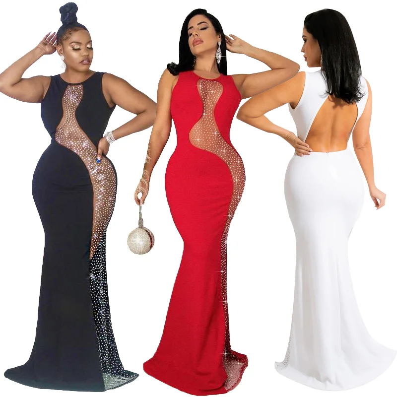2022 Fashion wholesale celebrity Club style sexy hot diamonds mesh see-through backless party long dress women