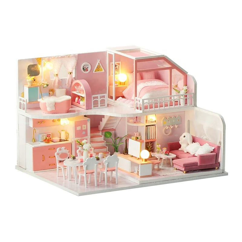 IIECREATE Pinellia Time Wholesale Pink Wooden DIY Boutique Miniature DollHouse Kill Time Craft For Novel Exquisite Gift