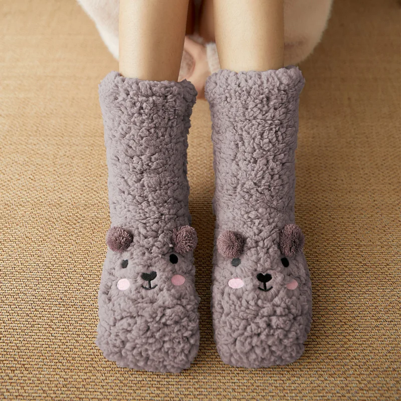 Fashion Cute Bear Girl women Fuzzy Thick Warm Socks Winter Lambswool Indoor  Home Slipper Socks For Women