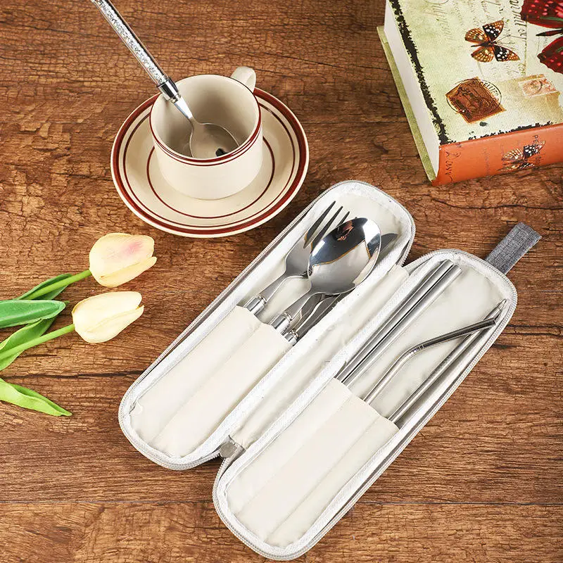 7-piece portable stainless steel travel camping High Quality tableware Knife fork spoon chopsticks Cleaning brush straw