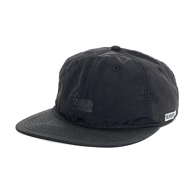 Custom  Unstructured Strapback nylon Hat/Custom Khaki Black acrylic Snapback Hat with Leather Patch