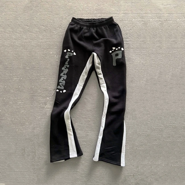 Screen Printing Streetwear OEM Custom Graphic Stacked Sweat Pants Men High Quality Terry Flare Sweatpants