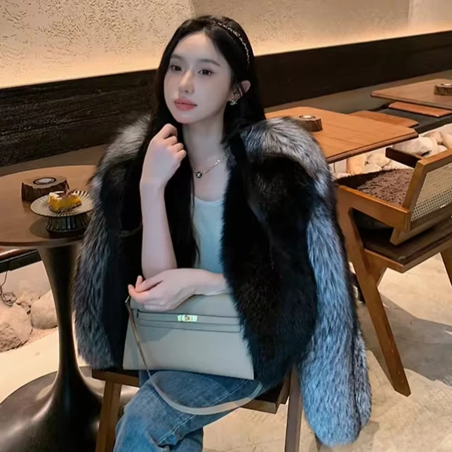 Luxury Full Pelt Silver-Black Splicing Natural Furry Real Fox Fur Coat Fluffy Short Whole Fur Jacket For Women