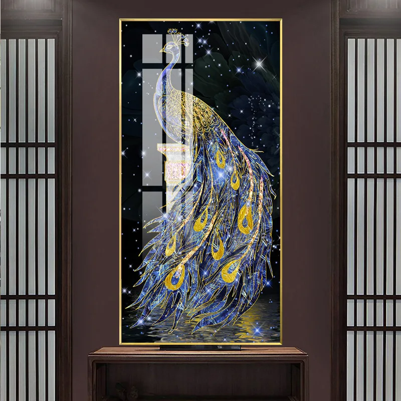 European abstract colorful peacock living room corridor porch  hanging  crystal porcelain  peacocks glass wall painting wall art