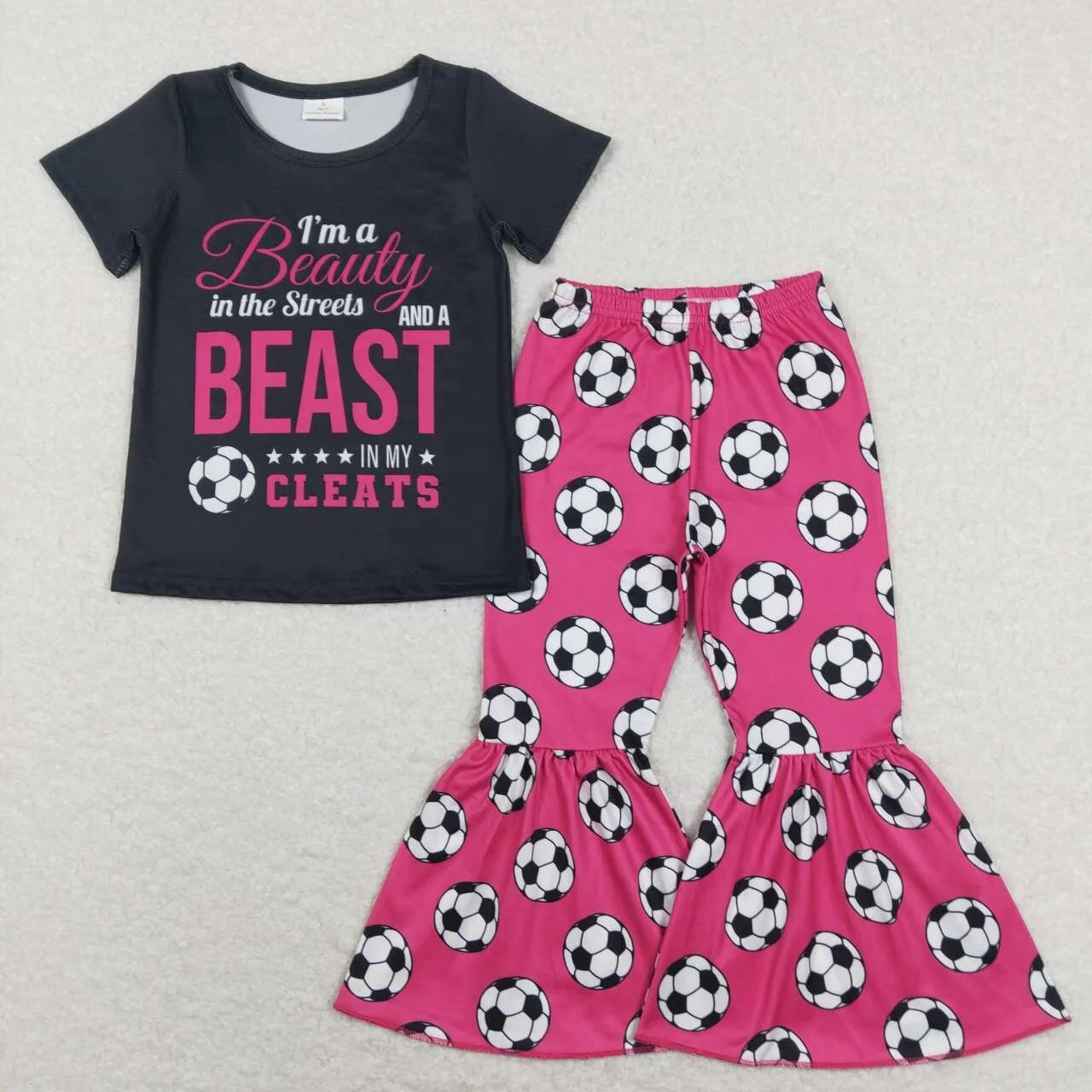 RTS High Quality girls clothing set beauty beast letters black short sleeve football 2 Pcs Suit Summer Boutique baby clothes