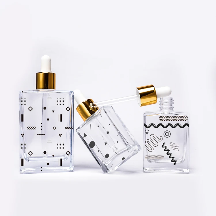 Massage Oil Glass Dropper Bottle square 50ml Clear rectangular perfume empty glass bottles luxury essence bottle painted design