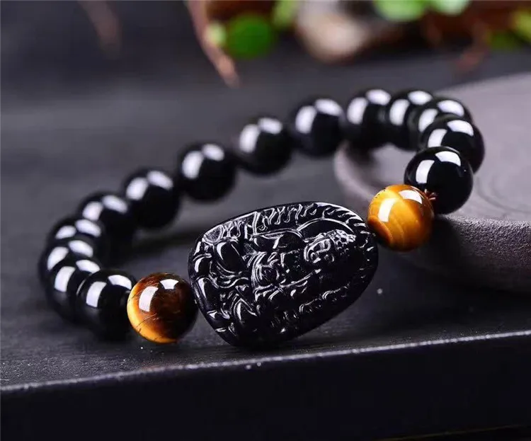 Natural Obsidian Carving Eight Patron Saint Lucky Amulet 10mm Round Bead Bracelet For Women Men Bracelet