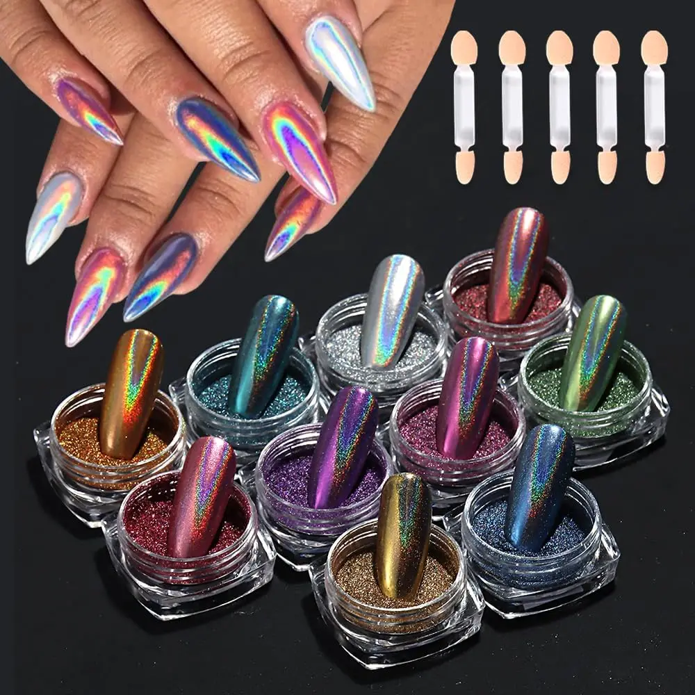 10 Colors Holographic Nail Powder Iridescent Metallic Mirror Laser Effect Magnetic Chrome Powder Wholesale For Nail Art