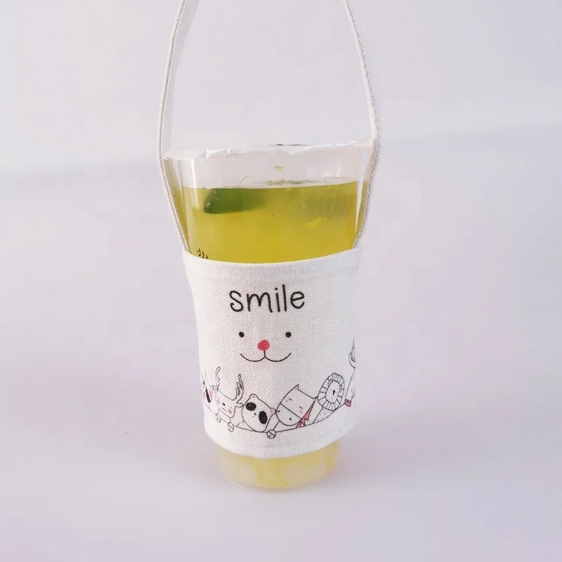 New Design Customized logo printed Reusable canvas coffee cup Sleeves with handle