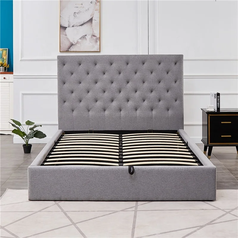 
Factory Price High Headboard Tufted Buttons Double Size Upholstered Storage Bed with Gas Lift 