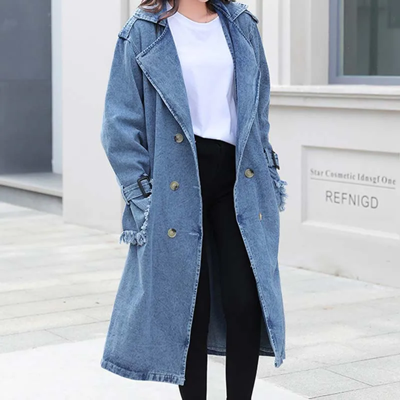 New arrival design womens long denim coat belt belt lapel ladies denim overcoat