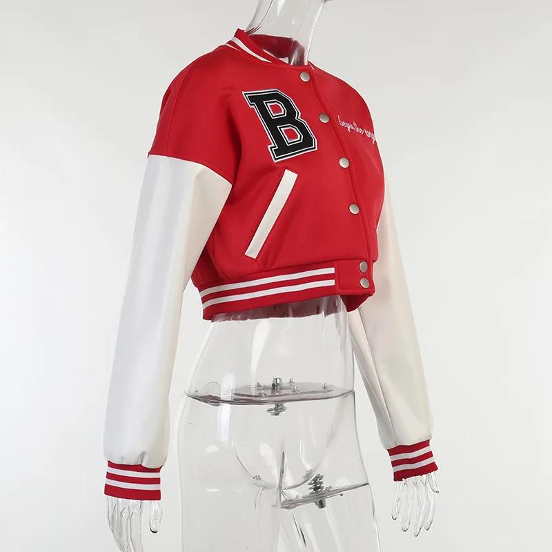 Cotton leather sleeves cropped letterman varsity jacket women custom patch fall baseball varisty wholesale for