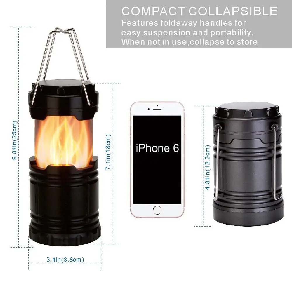 2 in 1 Retractable handheld Hanging Flickering Flames Torch Lights, Portable LED Camping Lantern Flame Light