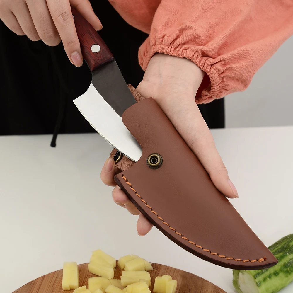 Online Store hot sale Chinese butcher knife 5MM razor sharp handmade pocket hunting knife outdoor with leather sheath