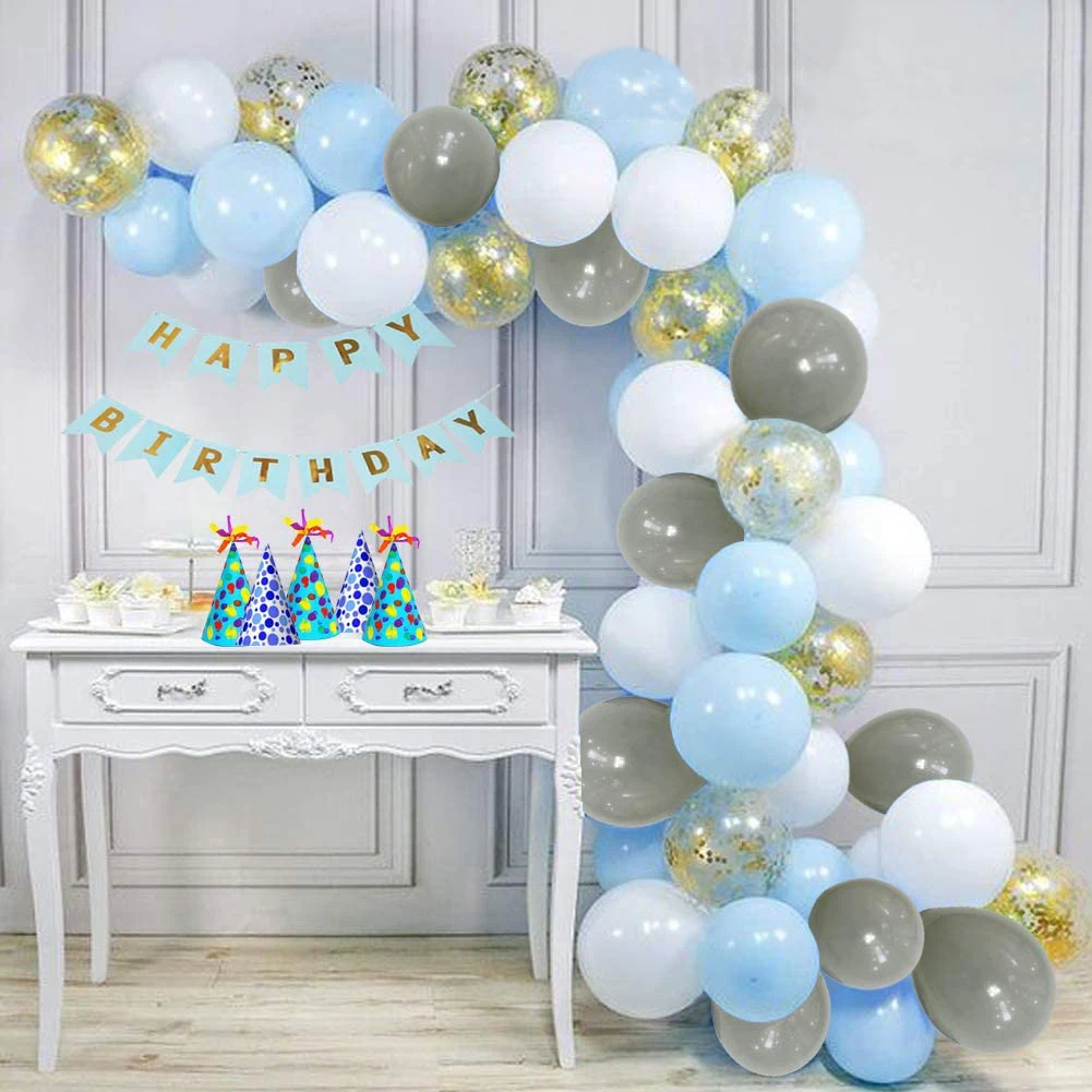 Happy Birthday Blue Gold Confetti Balloon Garland Arch Kit, Happy Birthday Banner With White Grey Latex Party for party