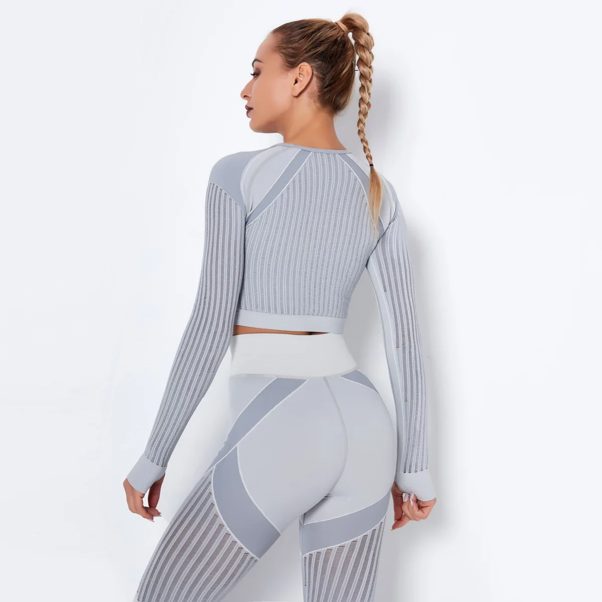 Two Piece  Women High Waist Tight Sport Wear Yoga Set Suit Activewear Yoga Set long Sleeve Crop Tops  with thumb hole